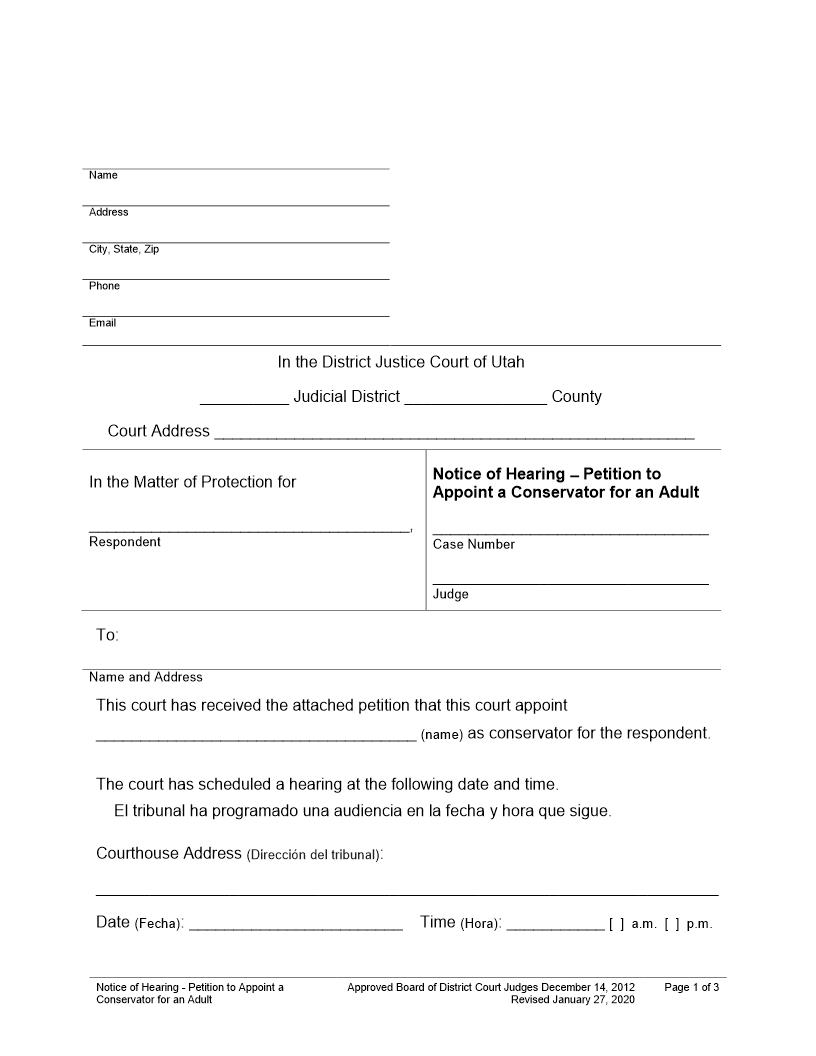 Notice Of Hearing Petition To Appoint Conservator For Adult | Pdf Fpdf Docx | Utah