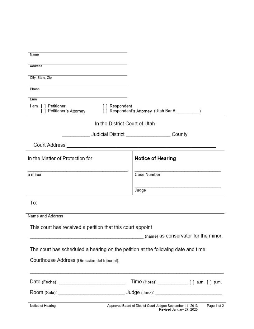 Notice Of Hearing Petition To Appoint Conservator For Minor | Pdf Fpdf Docx | Utah