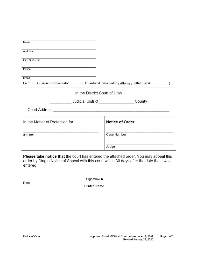 Notice Of Order (Guardianship Conservatorship Of Minor) | Pdf Fpdf Docx | Utah