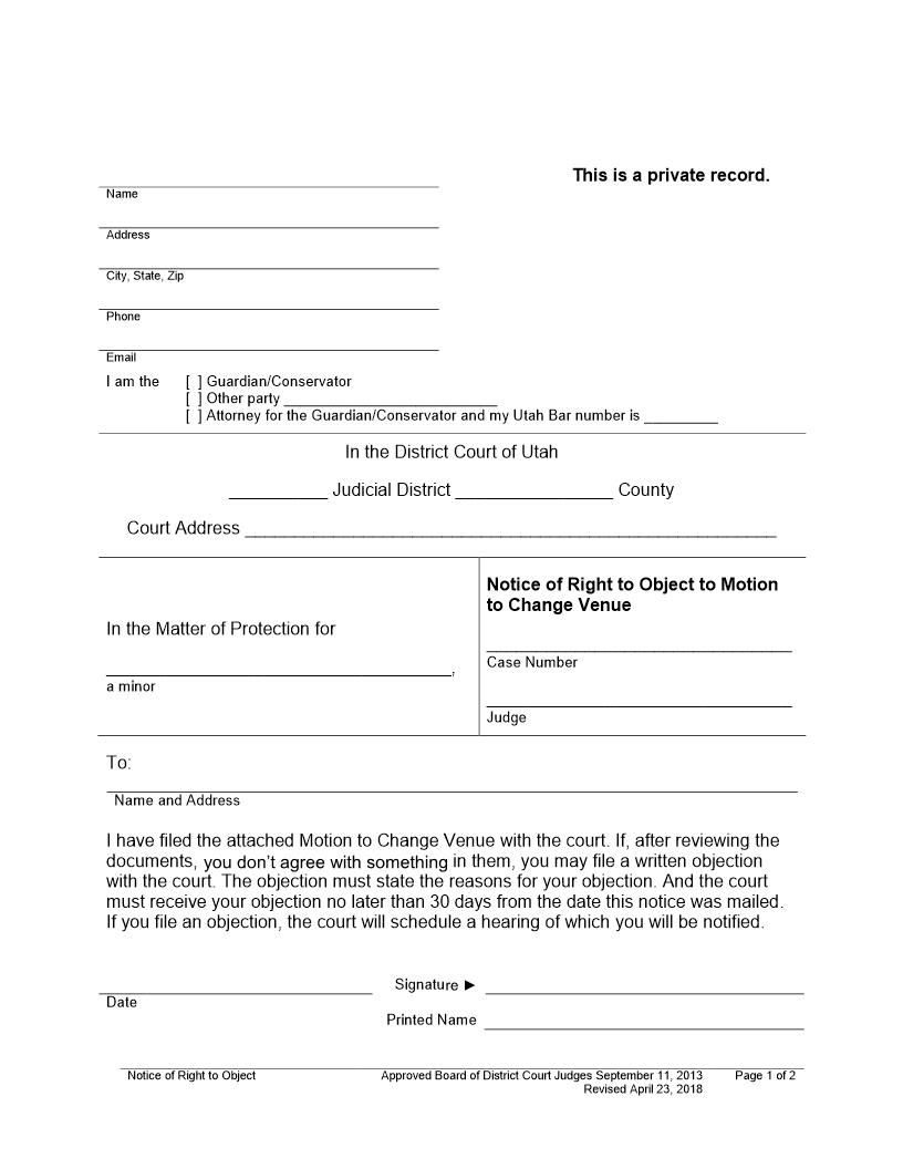 Notice Of Right To Object Motion To Change Venue (Minor) | Pdf Fpdf Docx | Utah