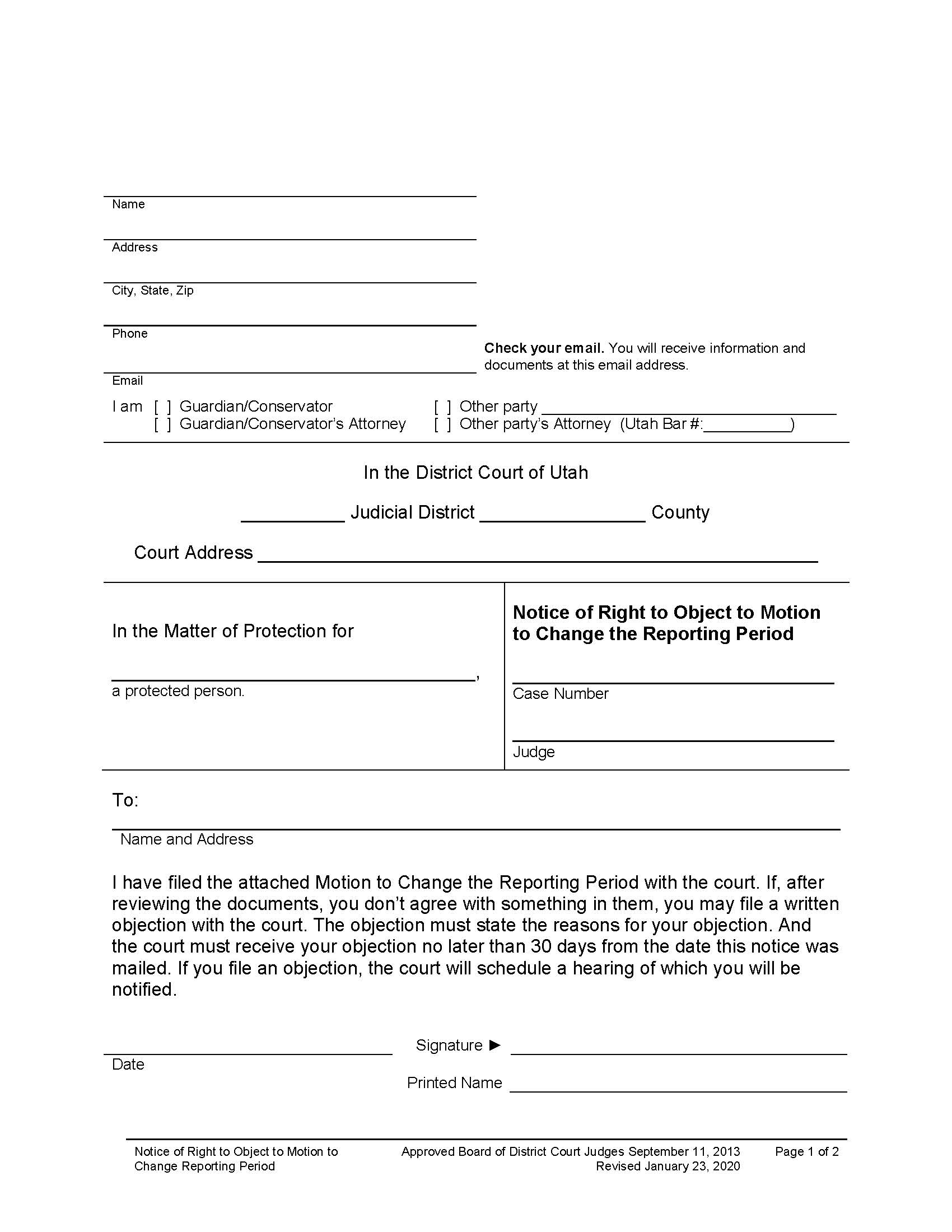Notice Of Right To Object To Change Reporting Period (Minor) | Pdf Fpdf Docx | Utah