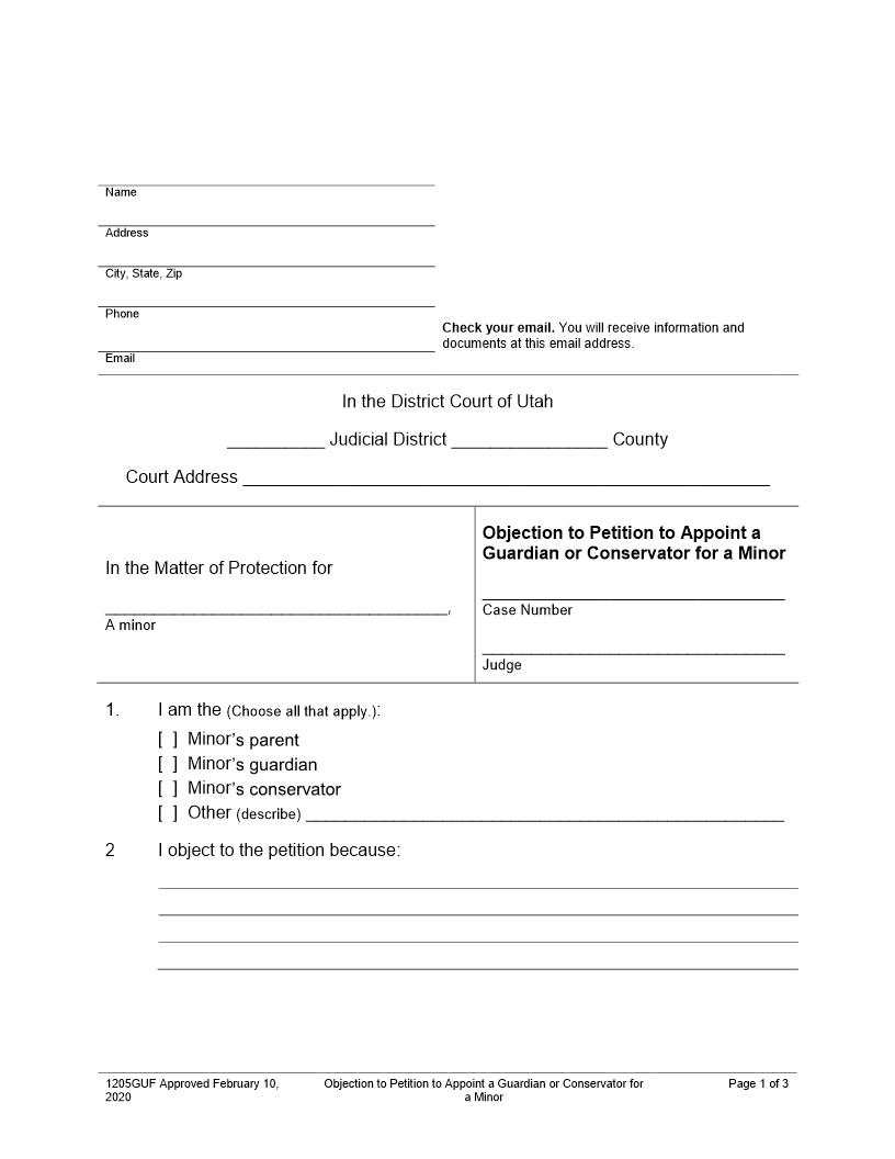 Objection To Petition To Appoint Guardian Or Conservator For Minor | Pdf Fpdf Docx | Utah