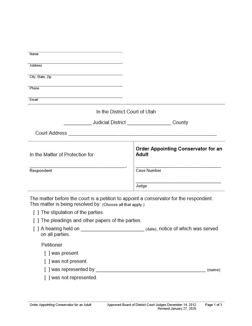 Order Appointing Conservator For Adult | Pdf Fpdf Docx | Utah