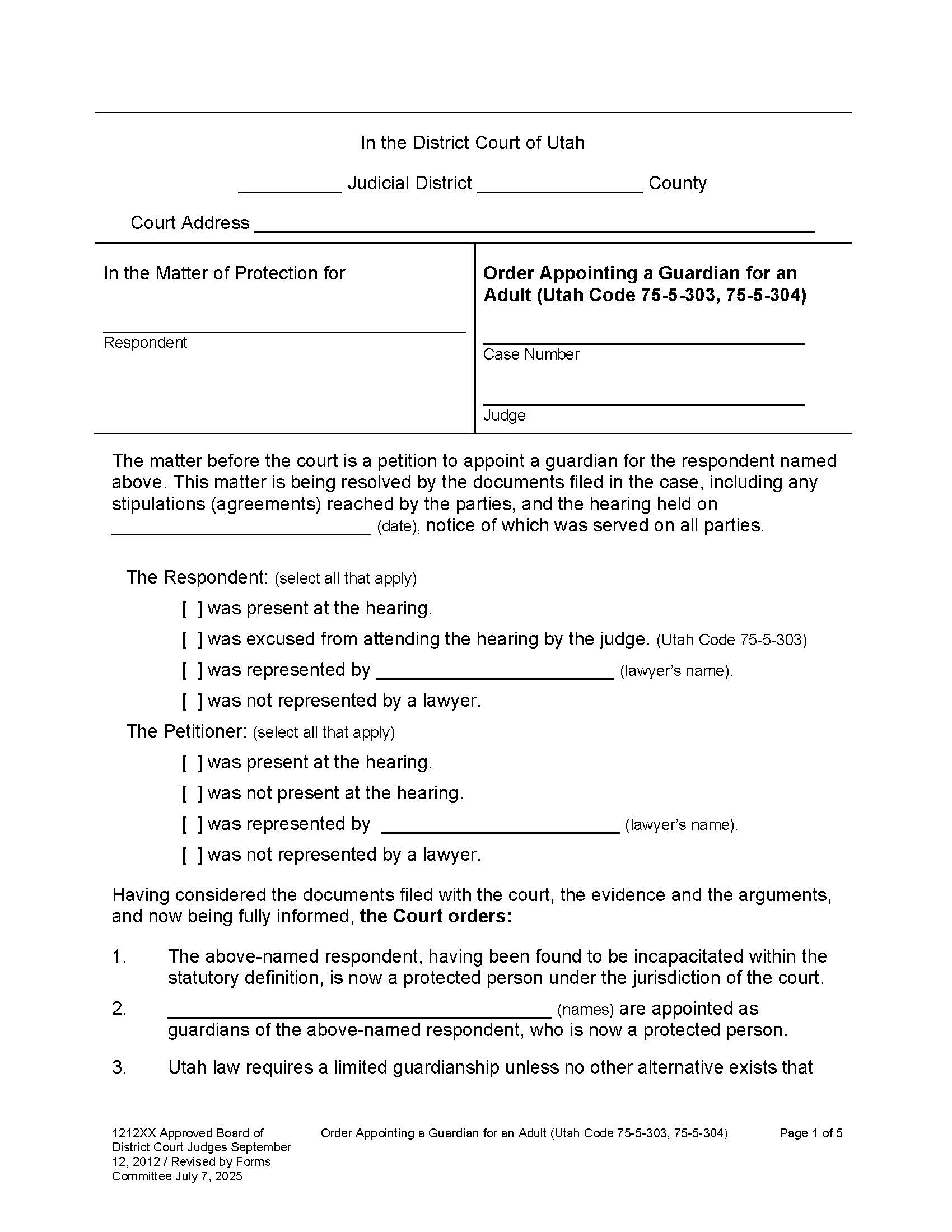Order Appointing Guardian For Adult {UT OAGA} | Pdf Fpdf Docx | Utah