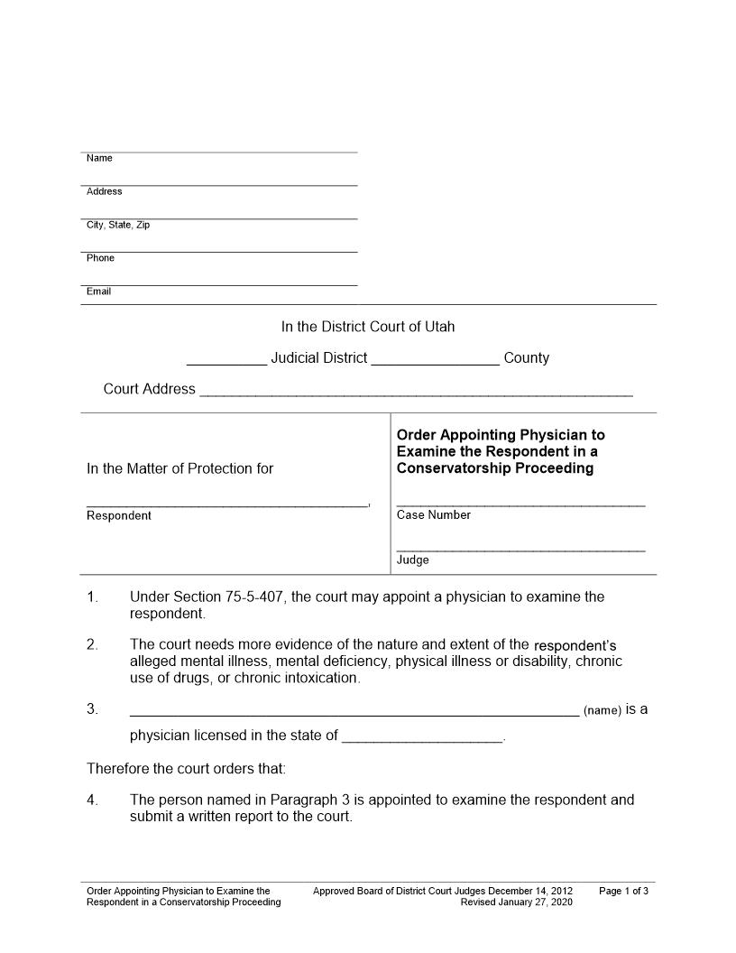 Order Appointing Physician To Examine Respondent In Conservatorship Petition | Pdf Fpdf Docx | Utah