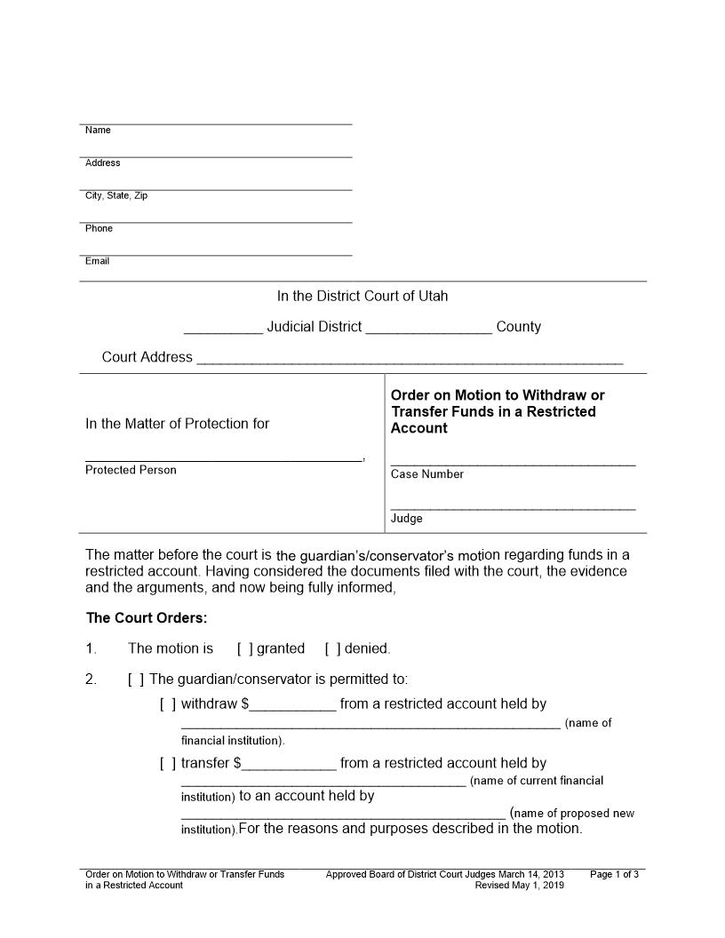 Order On Motion To Withdraw Or Transfer Funds In Restricted Account | Pdf Fpdf Docx | Utah