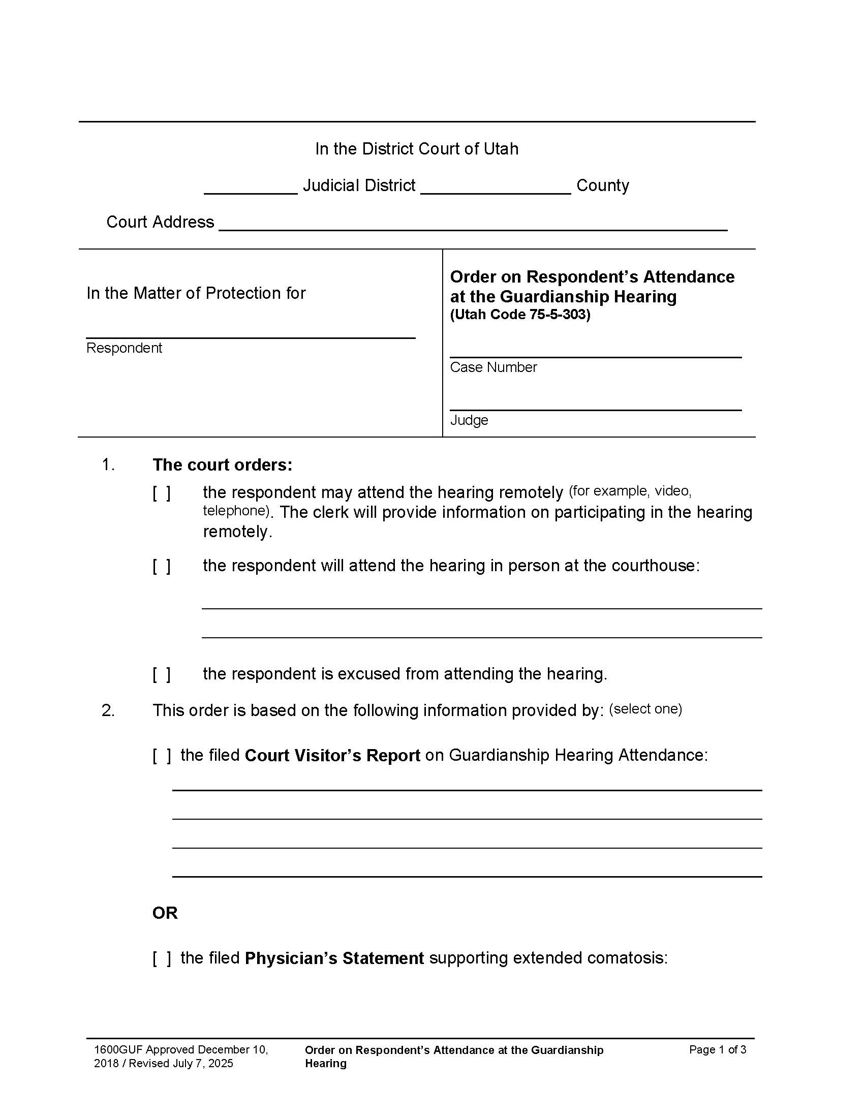 Order On Request To Excuse Respondent From The Hearing | Pdf Fpdf Docx | Utah