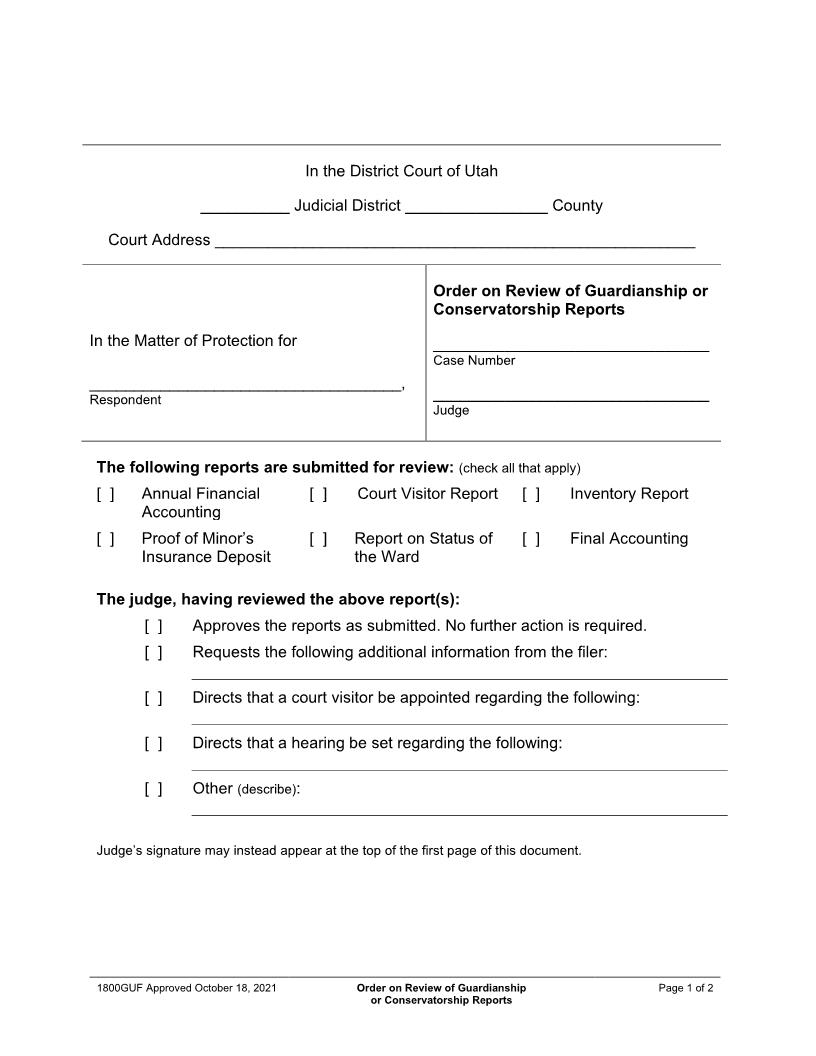 Order On Review Of Guardianship And Conservatorship Reports {1800GUF} | Pdf Fpdf Docx | Utah