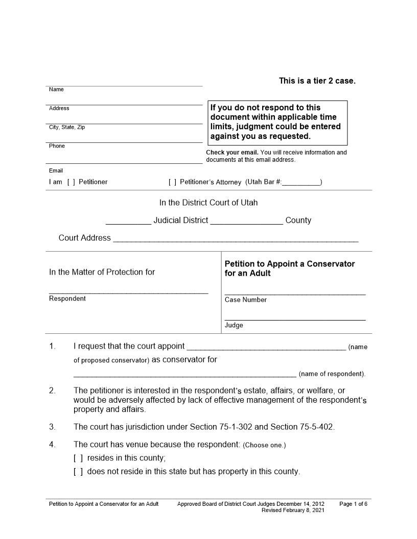 Petition To Appoint Conservator For Adult | Pdf Fpdf Docx | Utah