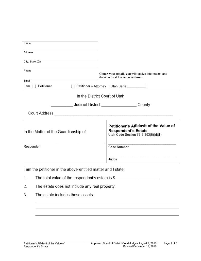 Petitioners Affidavit Of Value Of Respondents Estate | Pdf Fpdf Docx | Utah
