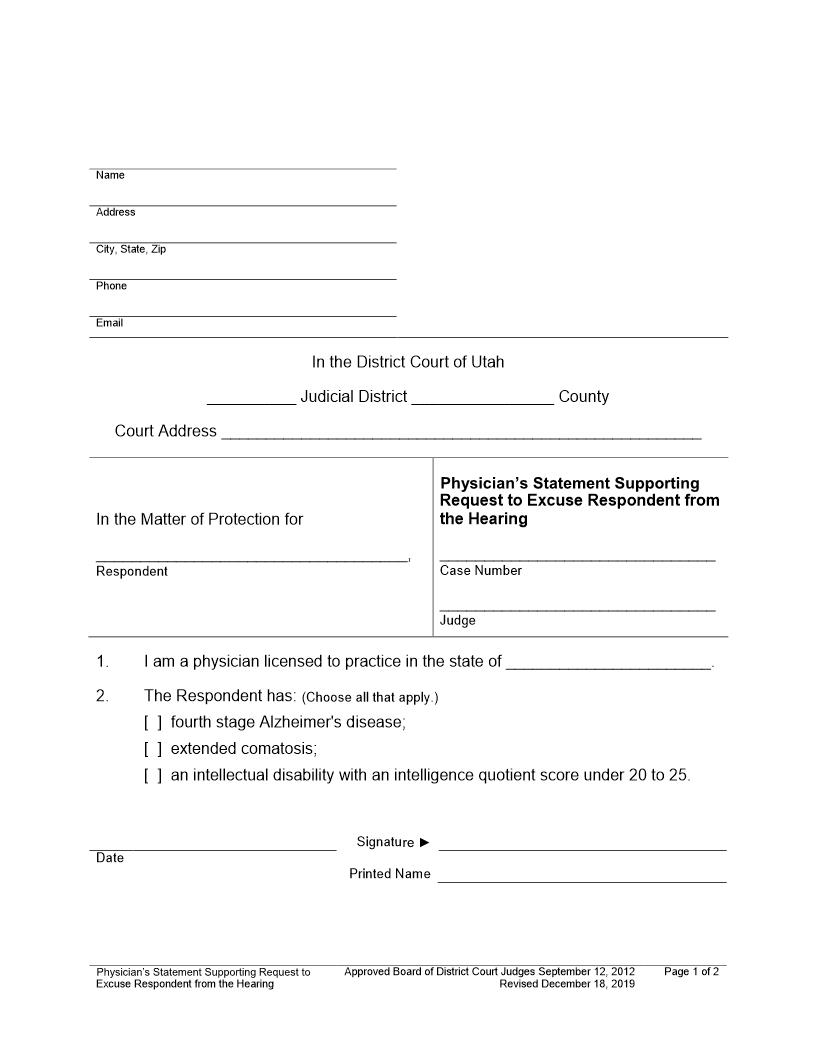 Physicians Statement Supporting Request To Excuse Respondent From The Hearing | Pdf Fpdf Docx | Utah