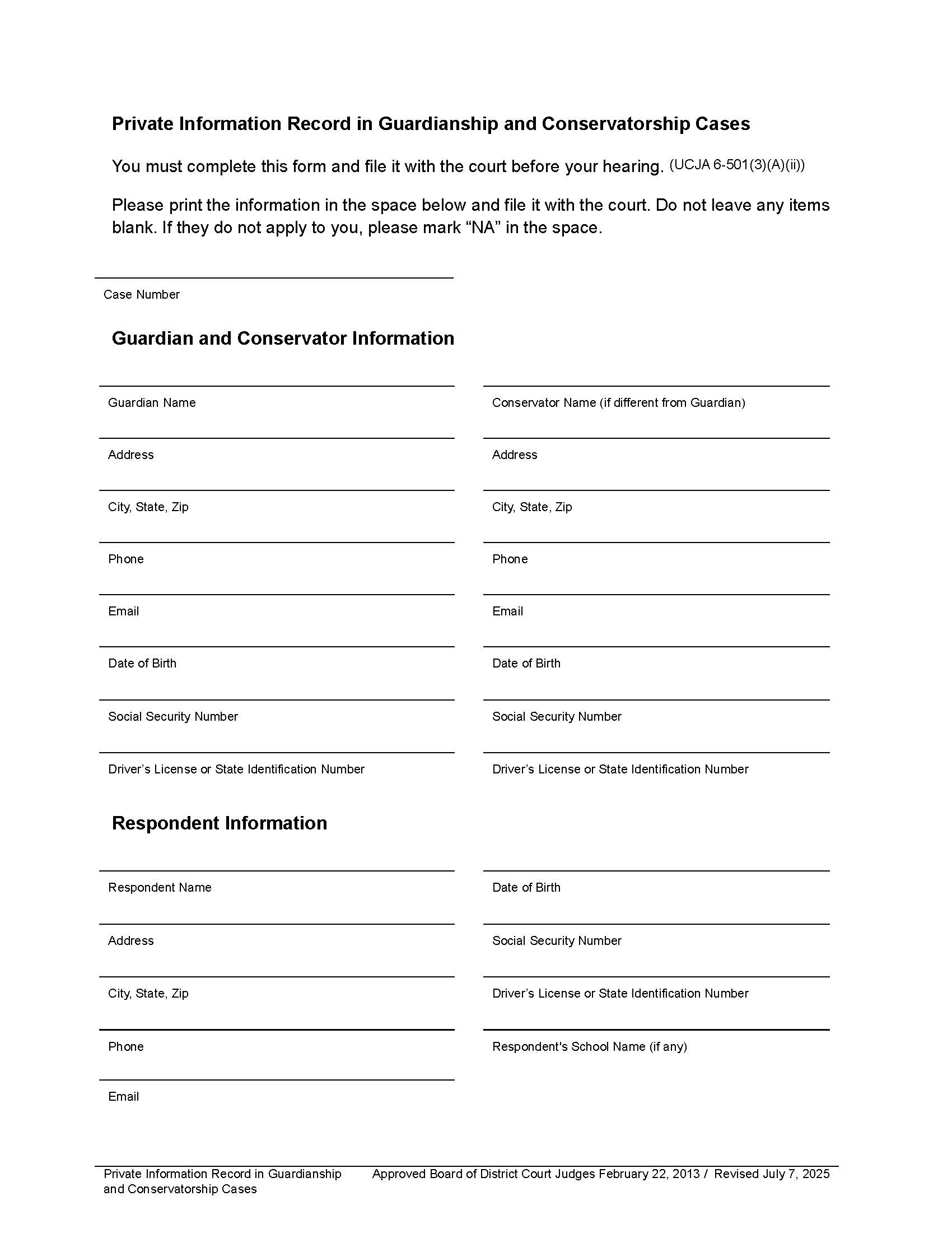 Private Information Record In Guardianship And Conservatorship Cases | Pdf Fpdf Docx | Utah