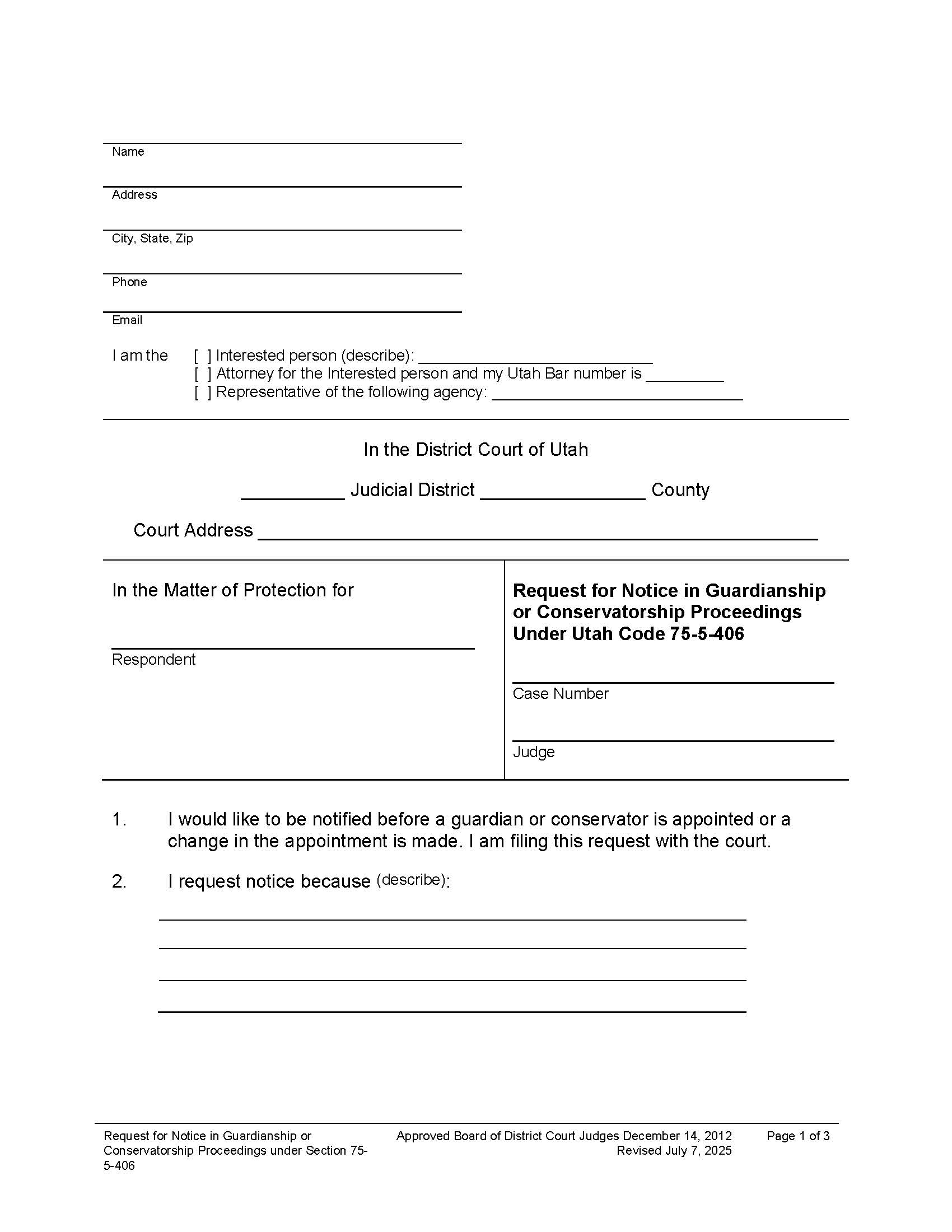 Request For Notice Under Section 75-5-406 (Adult) | Pdf Fpdf Docx | Utah