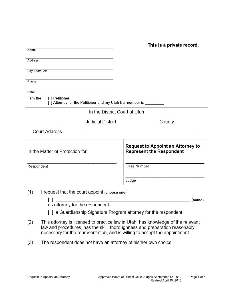 Request To Appoint Attorney To Represent Respondent | Pdf Fpdf Docx | Utah