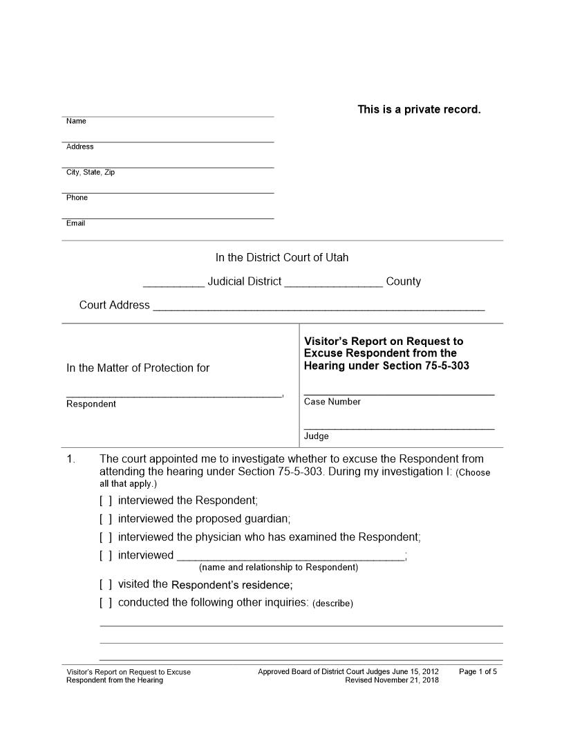 Visitors Report On Request To Excuse Respondent From Hearing | Pdf Fpdf Docx | Utah