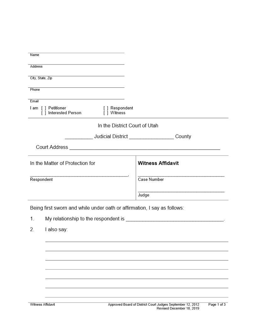 Witness Affidavit (Adult) | Pdf Fpdf Docx | Utah