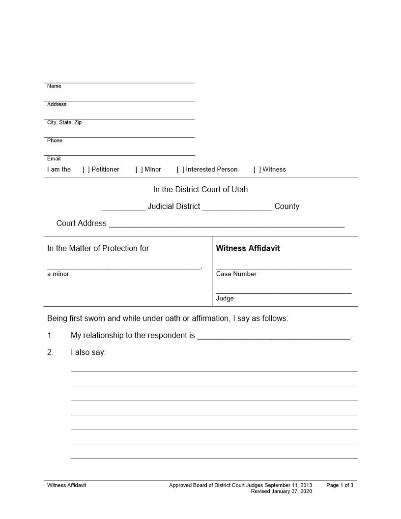 Witness Affidavit (Minor) | Pdf Fpdf Docx | Utah