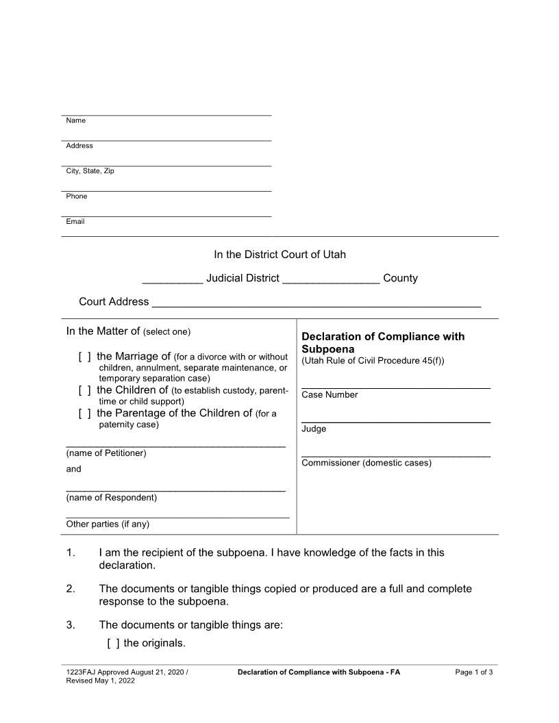 Declaration Of Compliance With Subpoena (Family) {1223FAJ} | Pdf Fpdf Docx | Utah