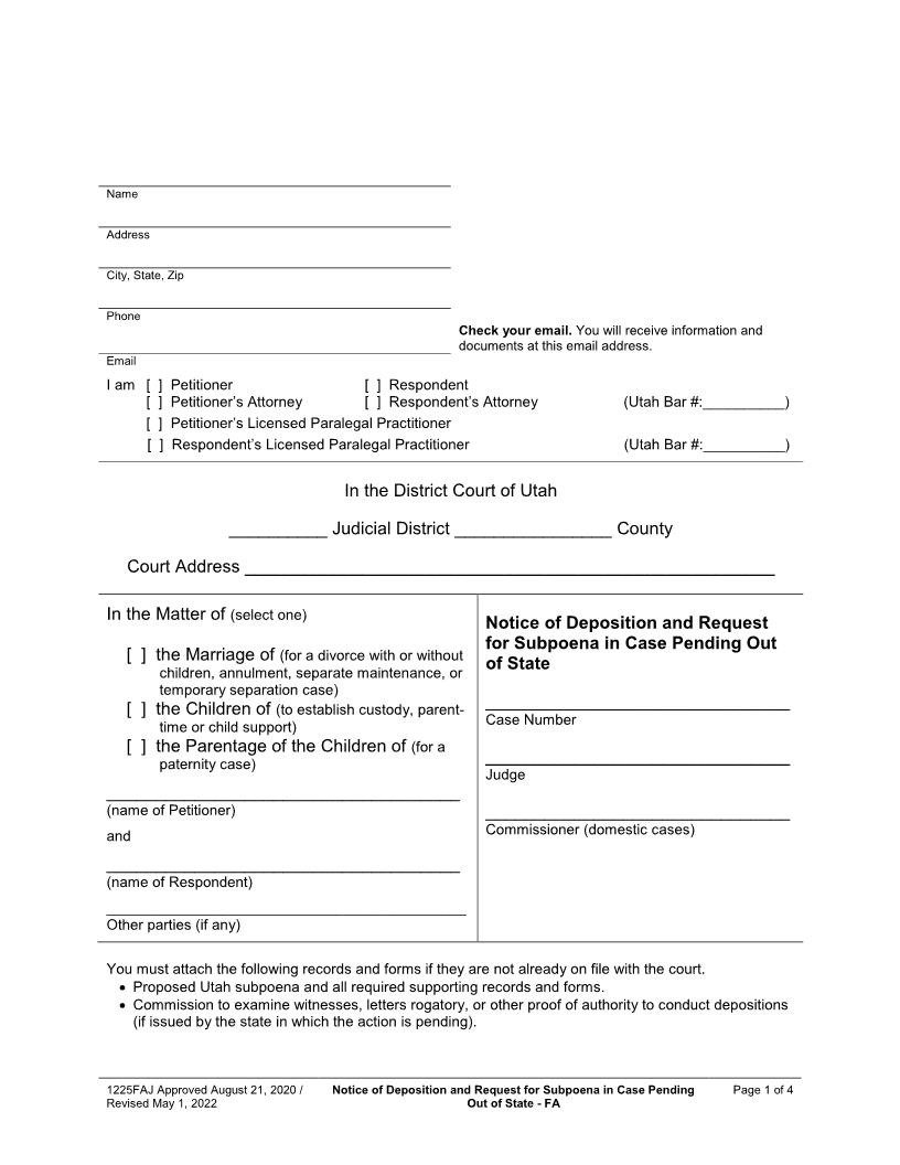 Notice Of Deposition Request For Subpoena Out Of State Case (Family) {1225FAJ} | Pdf Fpdf Docx | Utah