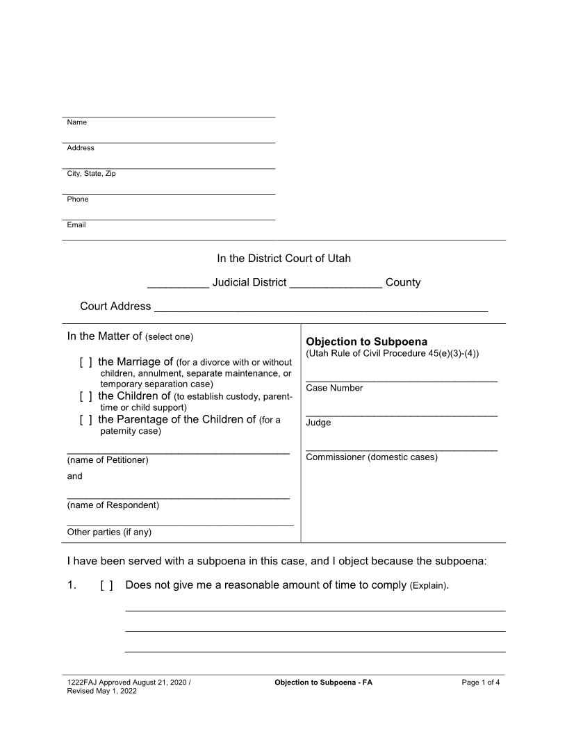 Objection To Subpoena (Family) {1222FAJ} | Pdf Fpdf Docx | Utah