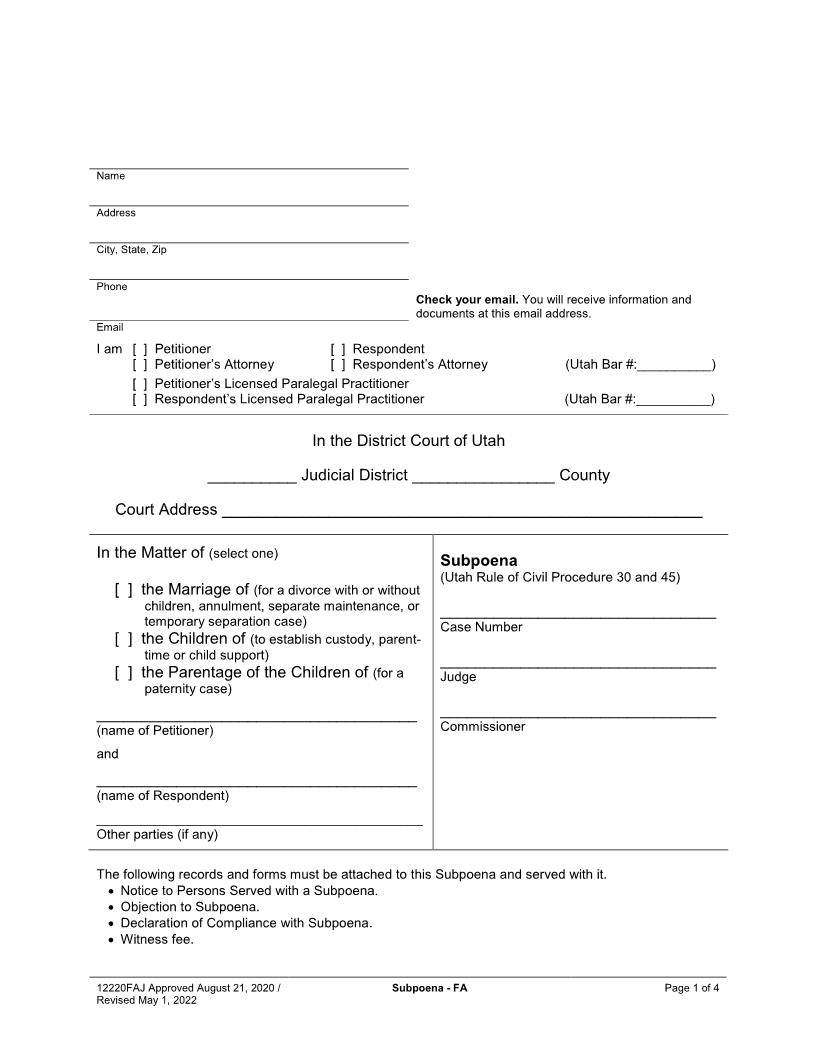 Subpoena (Family) {1220FAJ} | Pdf Fpdf Docx | Utah