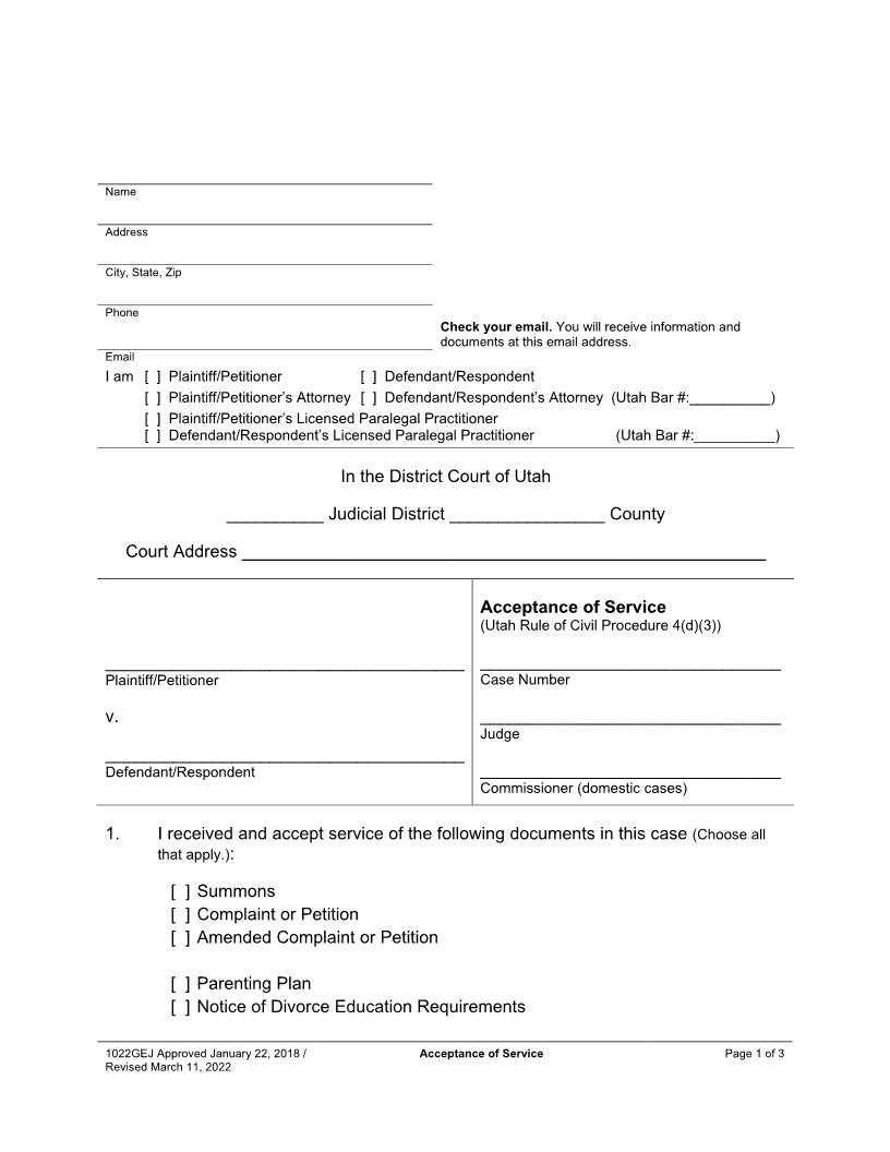 Acceptance Of Service {1022GEJ} | Pdf Fpdf Docx | Utah