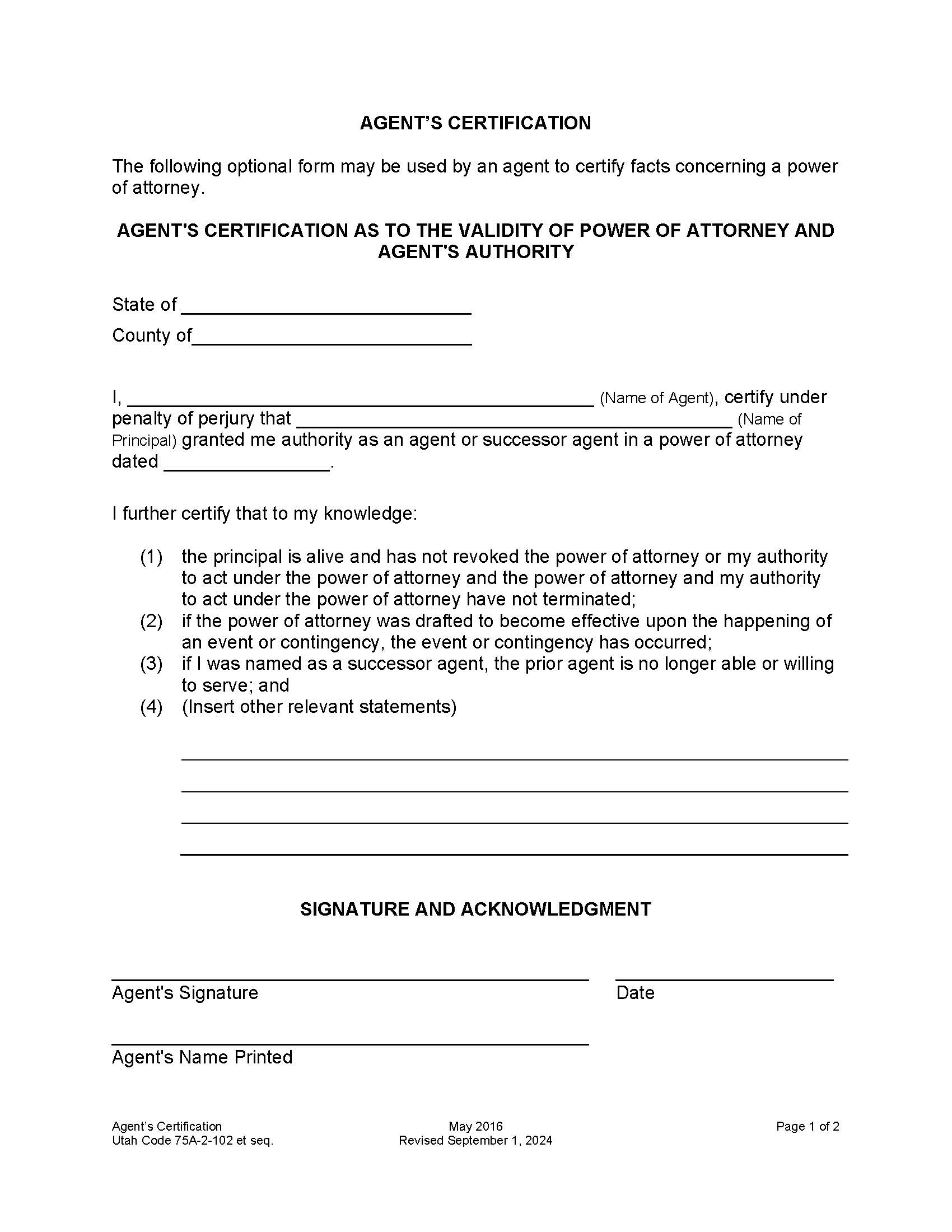 Agents Certification Validity Of Power Of Attorney And Agents Authority | Pdf Fpdf Docx | Utah