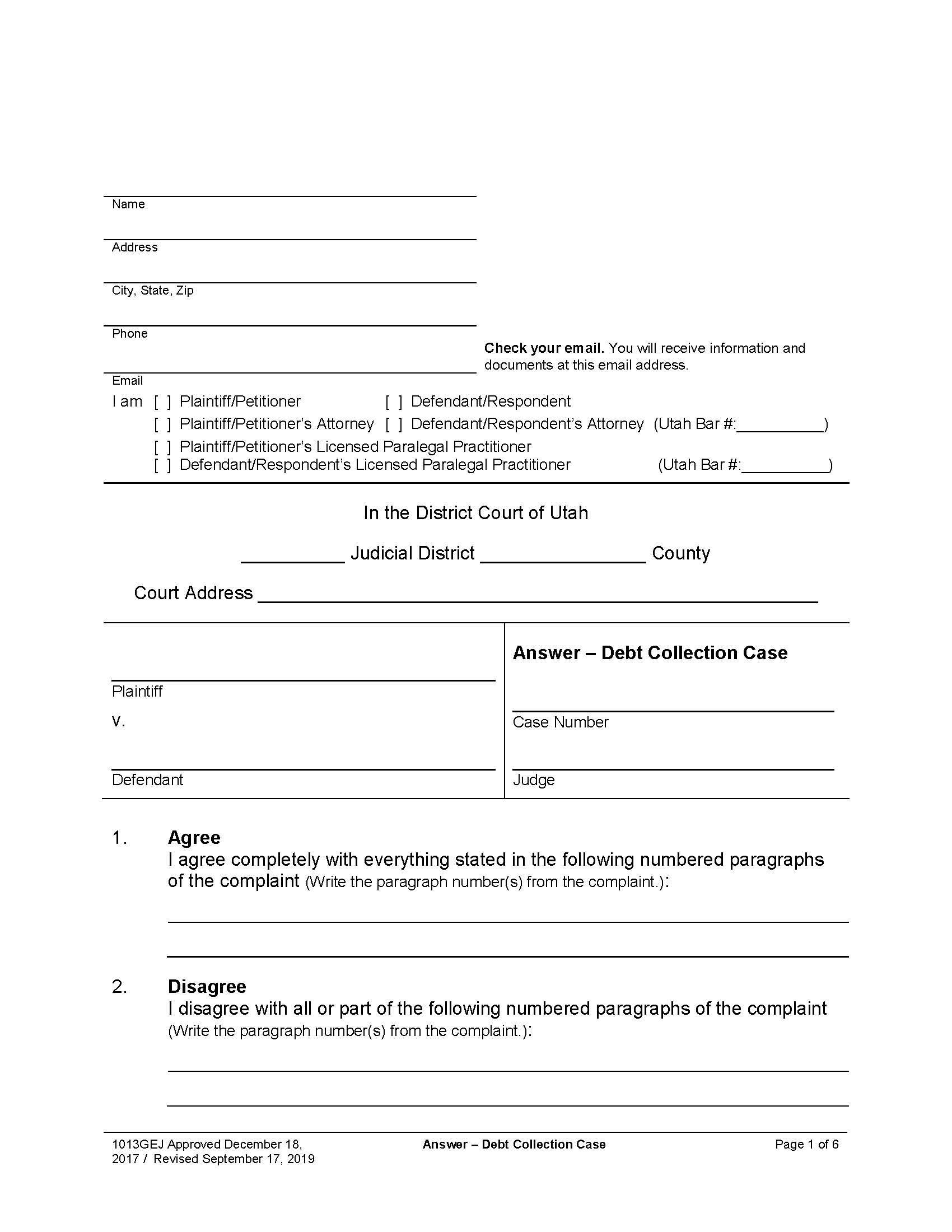 Answer - Debt Collection Case {1013GEJ} | Pdf Fpdf Docx | Utah