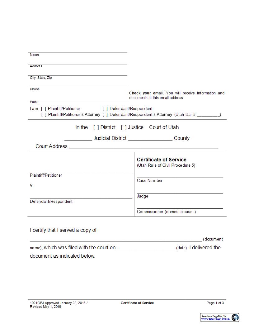 Certificate Of Service {1021GEJ} | Pdf Fpdf Docx | Utah