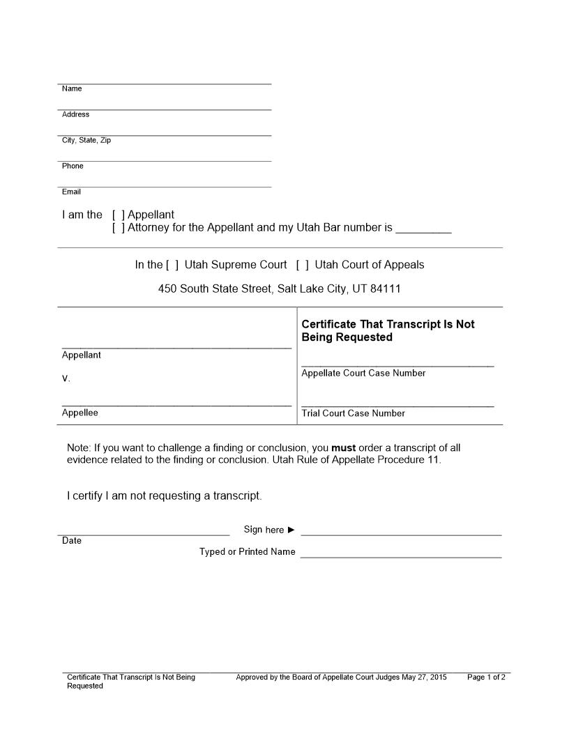 Certificate That Transcript Is Not Requested (Appellate Case) | Pdf Fpdf Docx | Utah