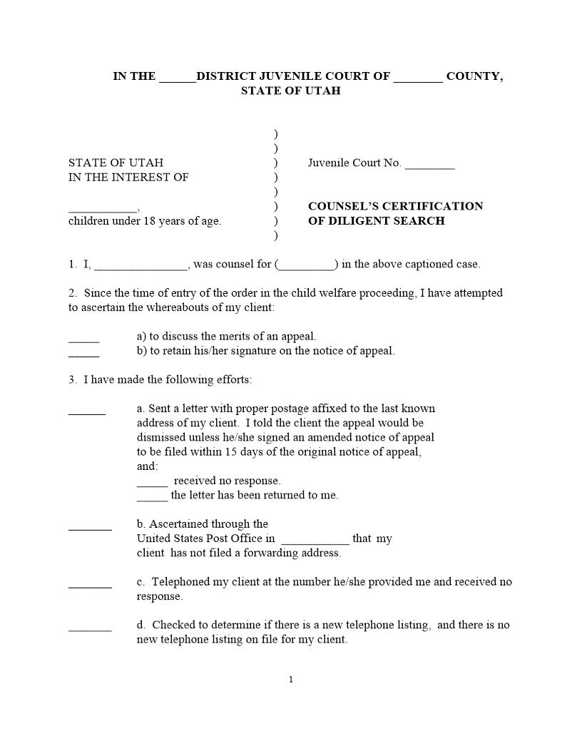 Counsels Certification Of Diligent Search (Juvenile Court Appeal) | Pdf Fpdf Docx | Utah