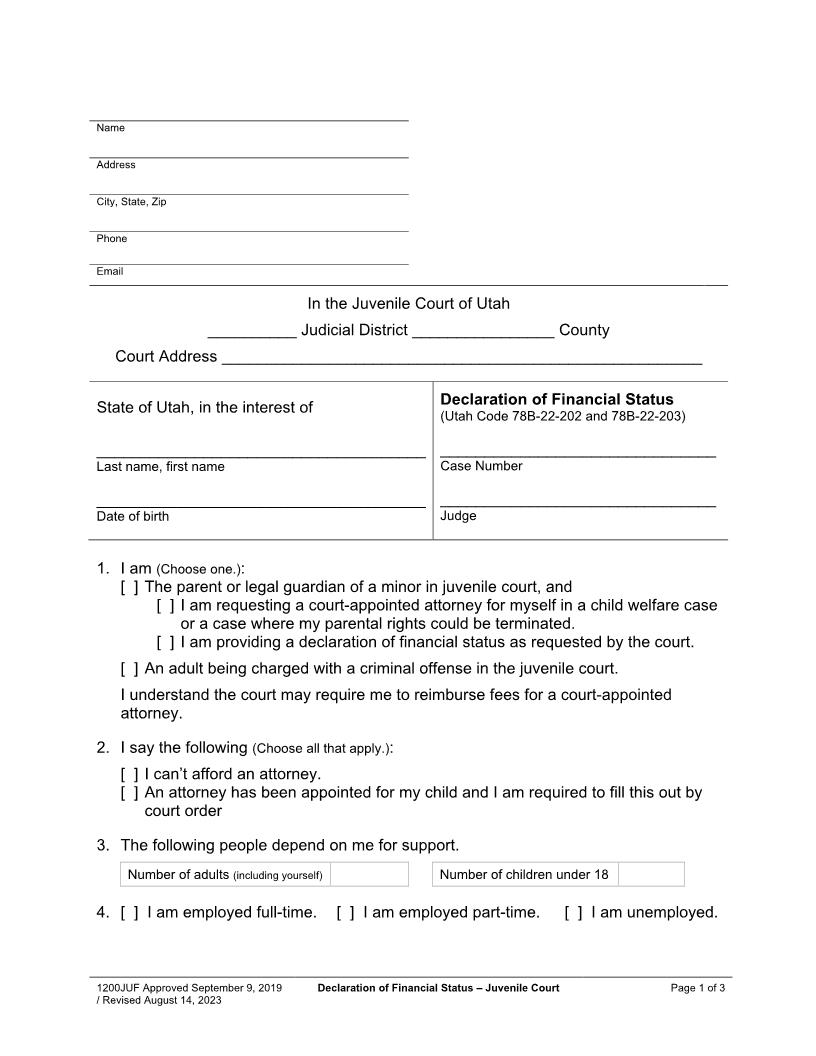 Declaration Of Financial Status (Juvenile Court) {1200JUF} | Pdf Fpdf Docx | Utah