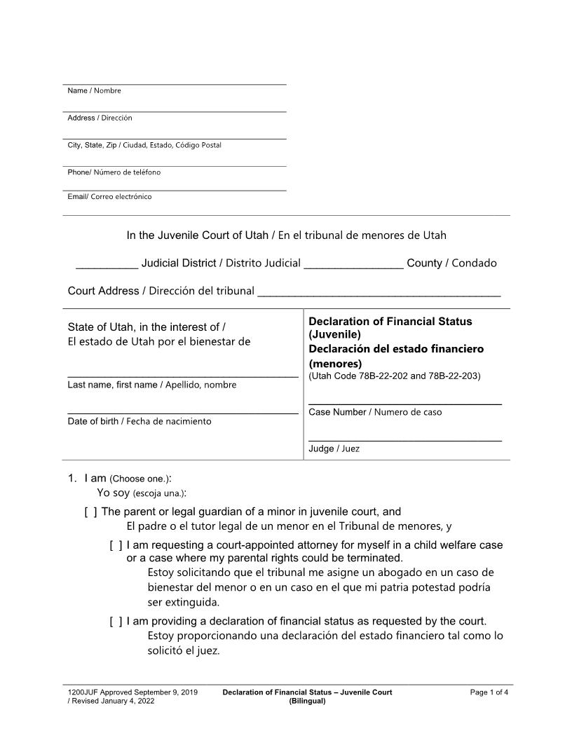 Declaration Of Financial Status (Juvenile Court) (Bilingual) {1200JUF} | Pdf Fpdf Docx | Utah