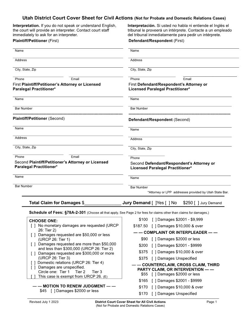 District Court Cover Sheet All Civil Except Probate And DR {UT DCCS} | Pdf Fpdf Docx | Utah