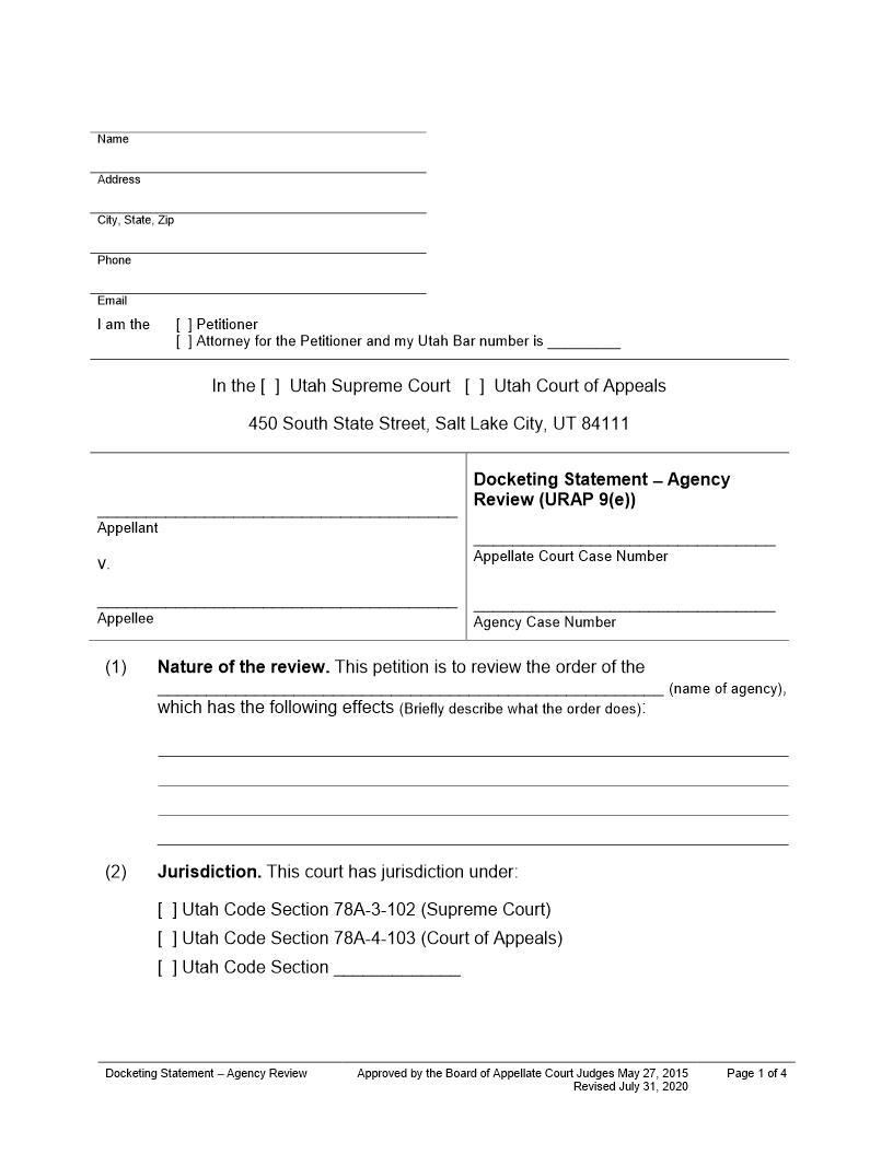 Docketing Statement - Agency Review (Administrative) | Pdf Fpdf Docx | Utah
