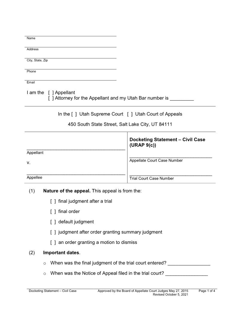 Docketing Statement - Civil Case (Supreme Court Or Court Of Appeals) | Pdf Fpdf Docx | Utah