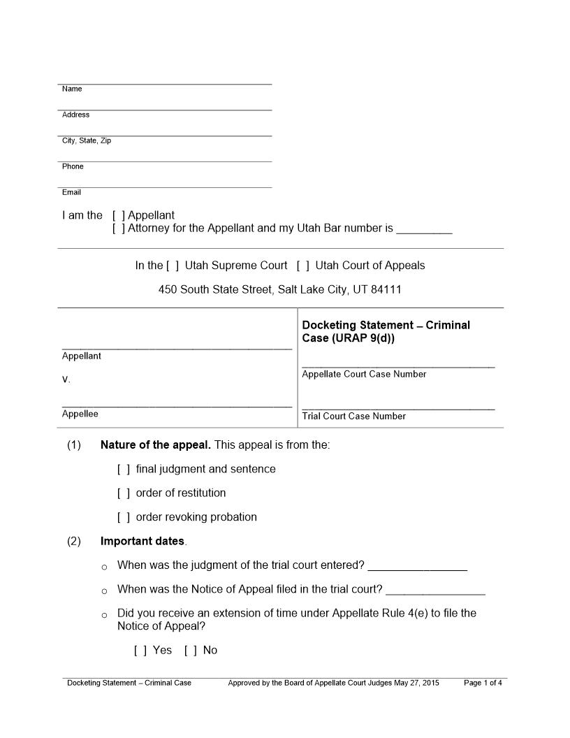 Docketing Statement - Criminal Case (Supreme Court Or Court Of Appeals) | Pdf Fpdf Docx | Utah