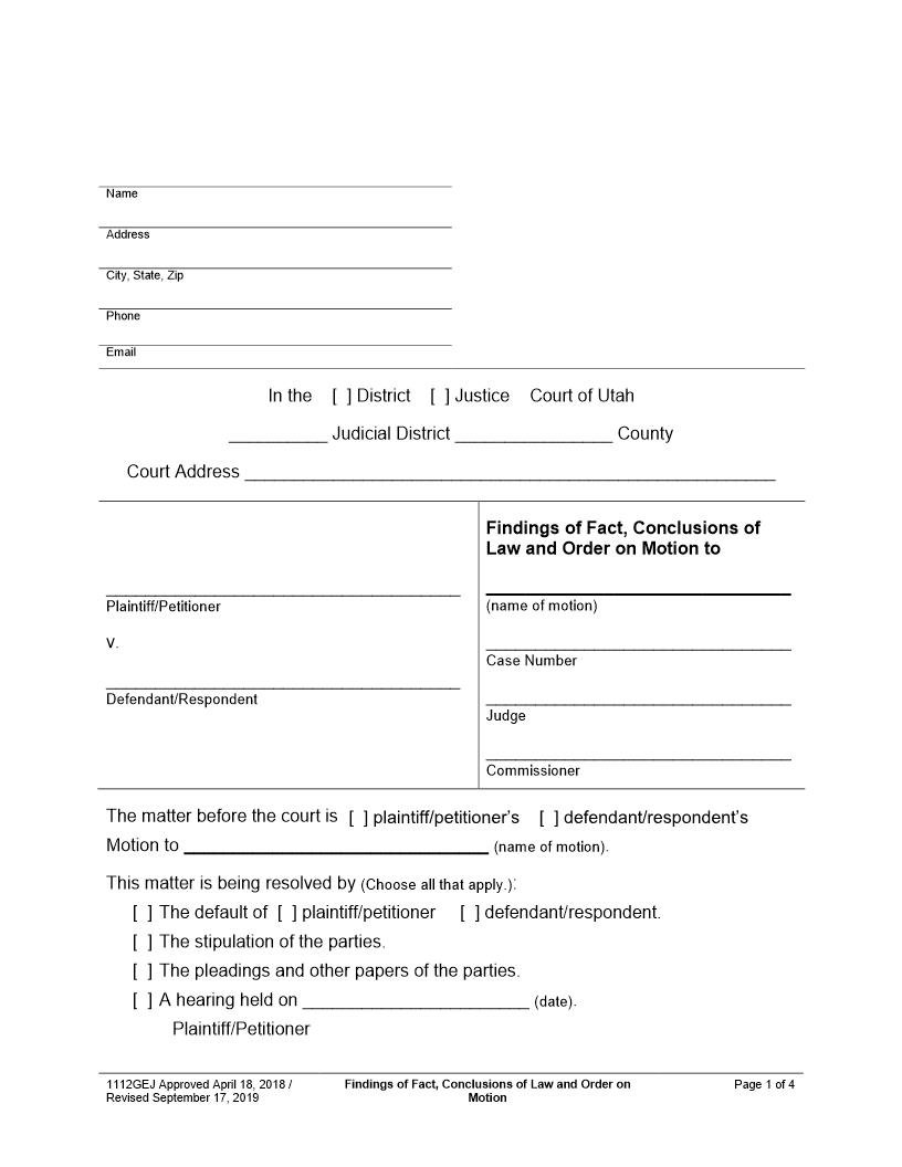 Findings Of Fact Conclusions Of Law And Order {1112GEJ} | Pdf Fpdf Docx | Utah