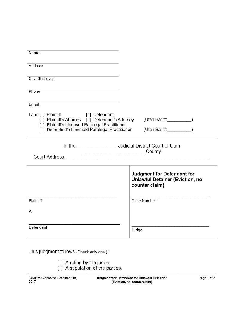 Judgment For Defendant For Unlawful Detainer (Eviction No Counter Claim) {1450EVJ} | Pdf Fpdf Docx | Utah
