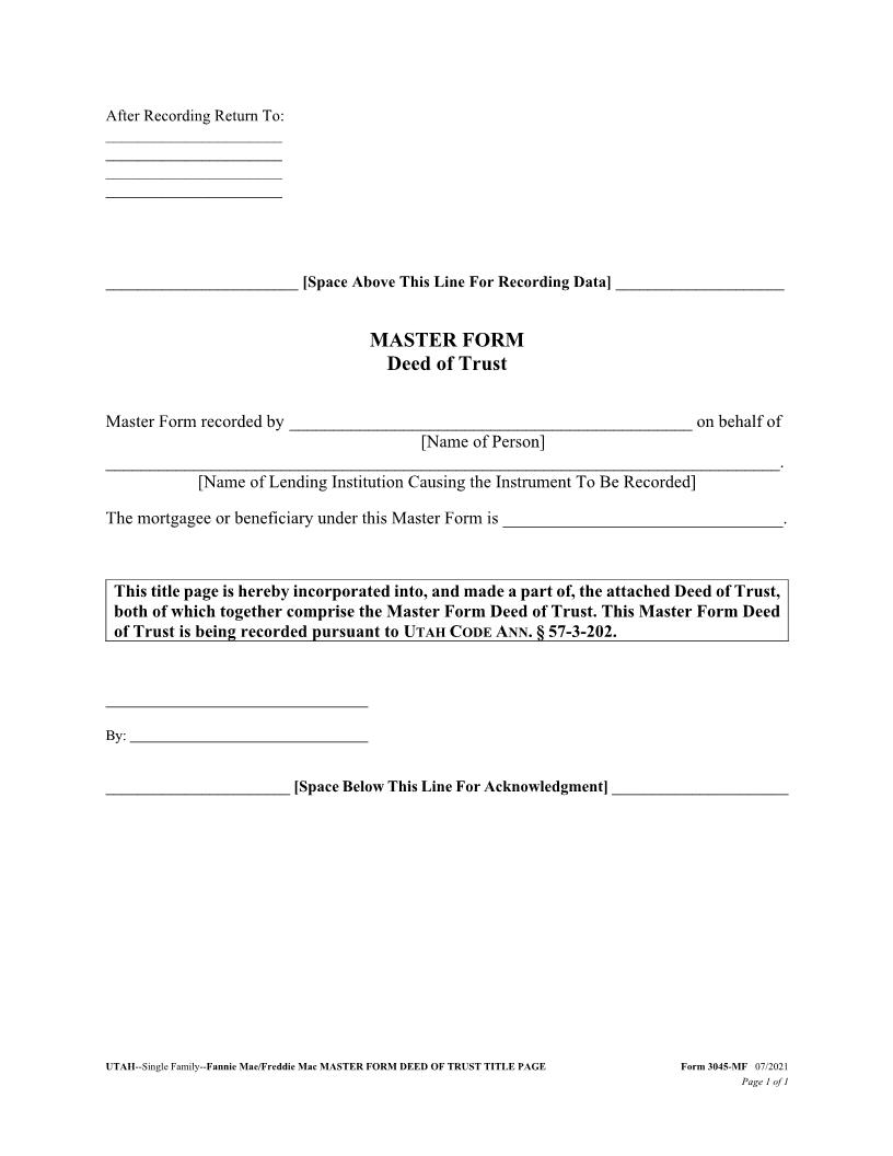 Master Form Deed Of Trust (Title Page Single Family Fannie Mae Freddie Mac) {3045-MF} | Pdf Fpdf Docx | Utah