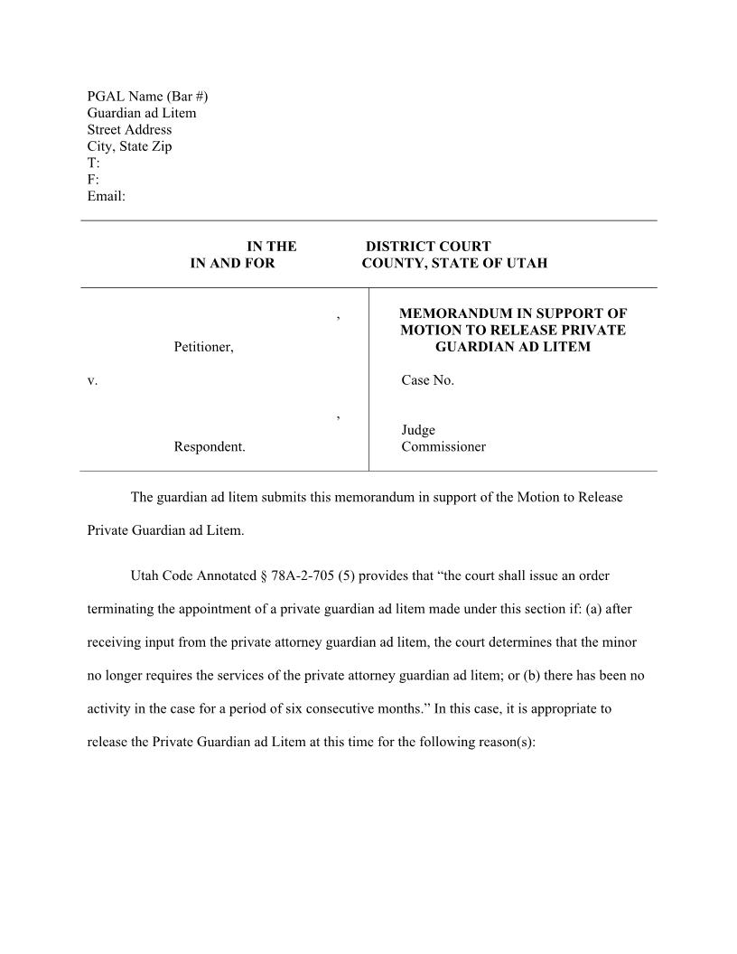 Memorandum In Support Of Motion To Release Private Guardian Ad Litem {UTM MSMRPGAL} | Pdf Fpdf Docx | Utah