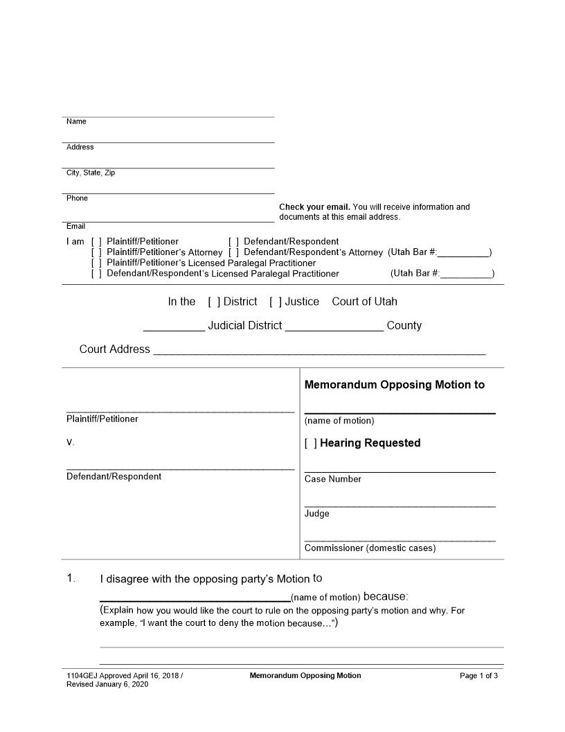 Memorandum Opposing Motion {1104GEJ} | Pdf Fpdf Docx | Utah