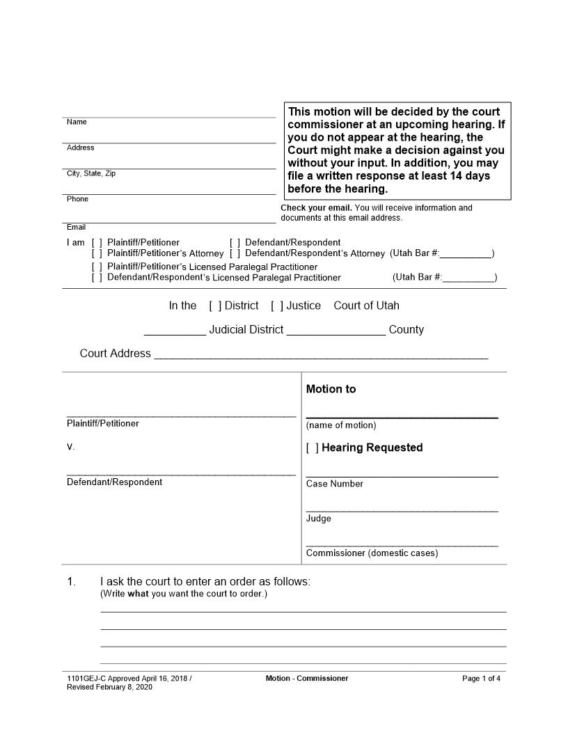 Motion - Commissioner {1101GEJ-C} | Pdf Fpdf Docx | Utah
