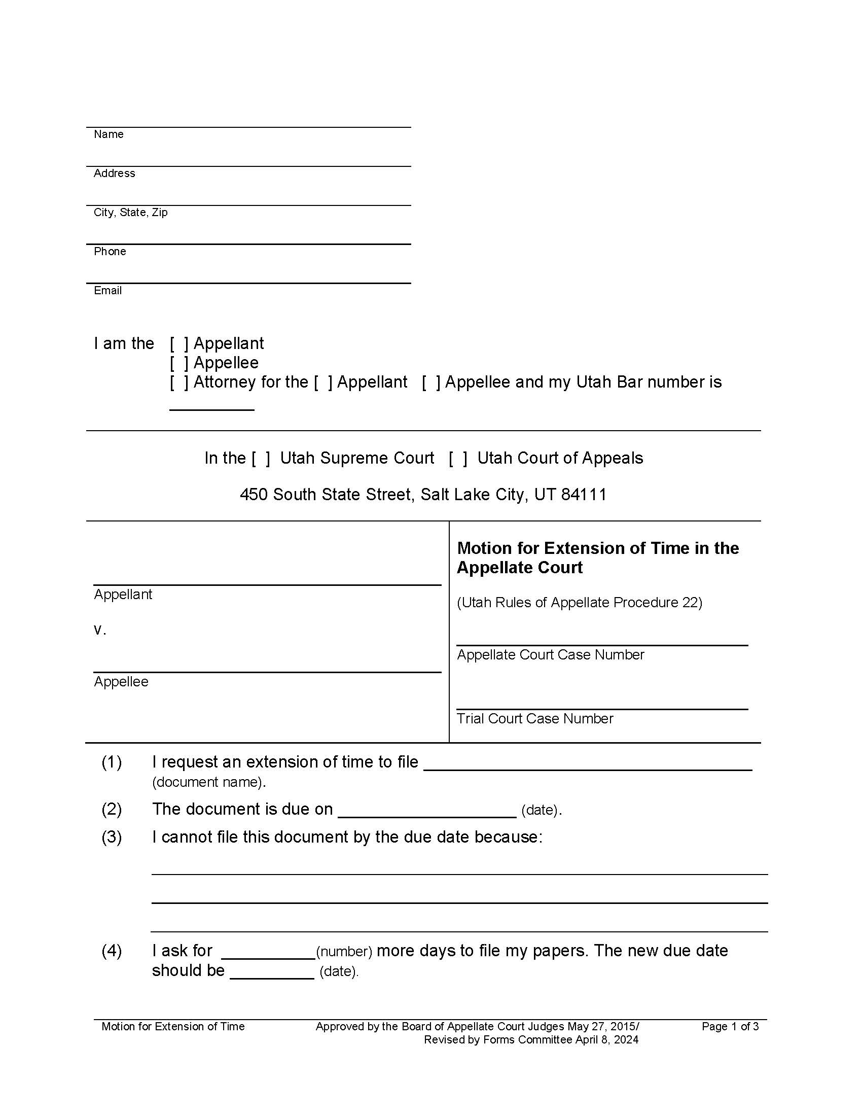 Motion For Extension Of Time In Appellate Court | Pdf Fpdf Docx | Utah