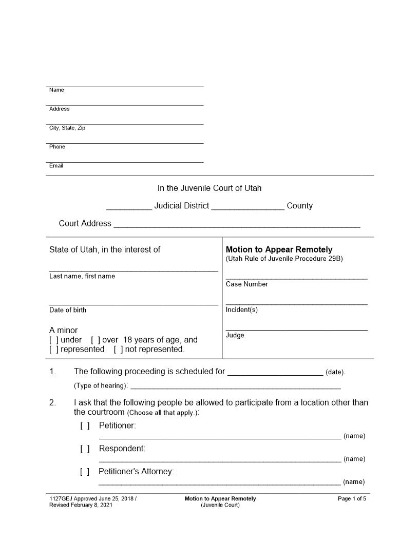 Motion To Appear Remotely - Juvenile Court {1127GEJ} | Pdf Fpdf Docx | Utah
