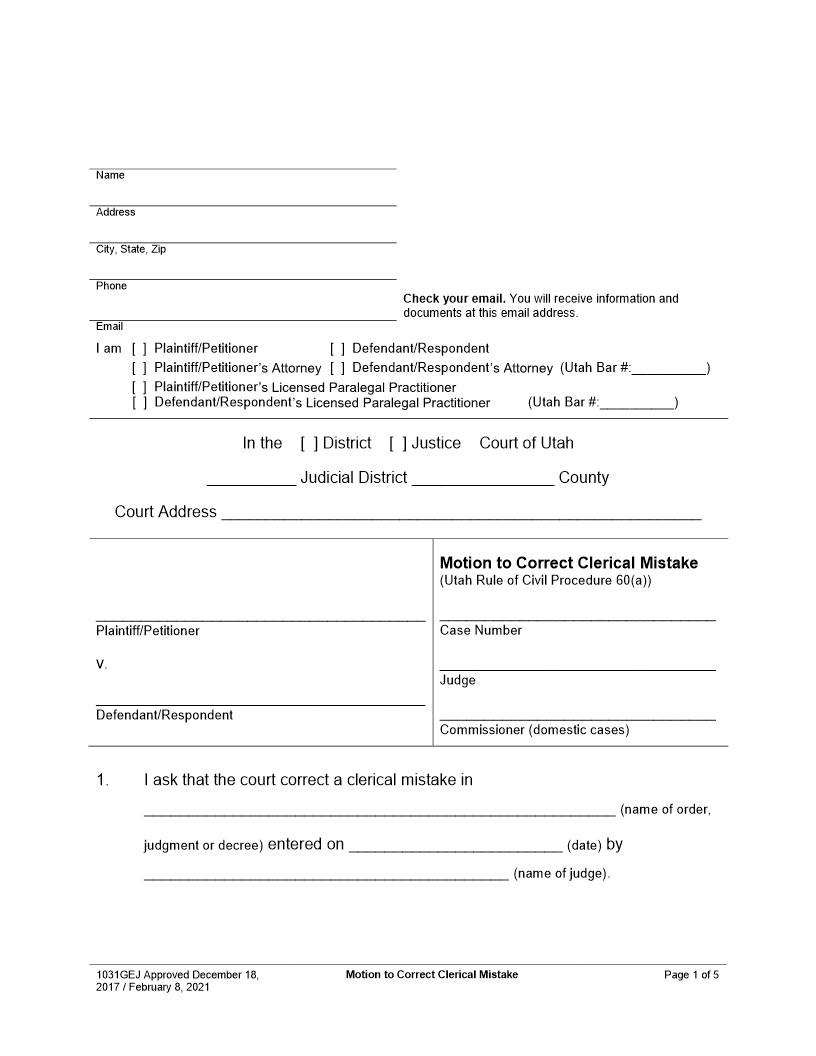 Motion To Correct Clerical Mistake {1031GEJ} | Pdf Fpdf Docx | Utah