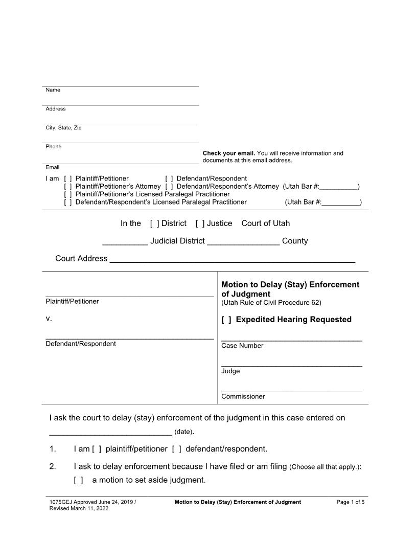 Motion To Delay (Stay) Enforcement Of Judgment (Expedited Hearing Requested) {1075GEJ} | Pdf Fpdf Docx | Utah