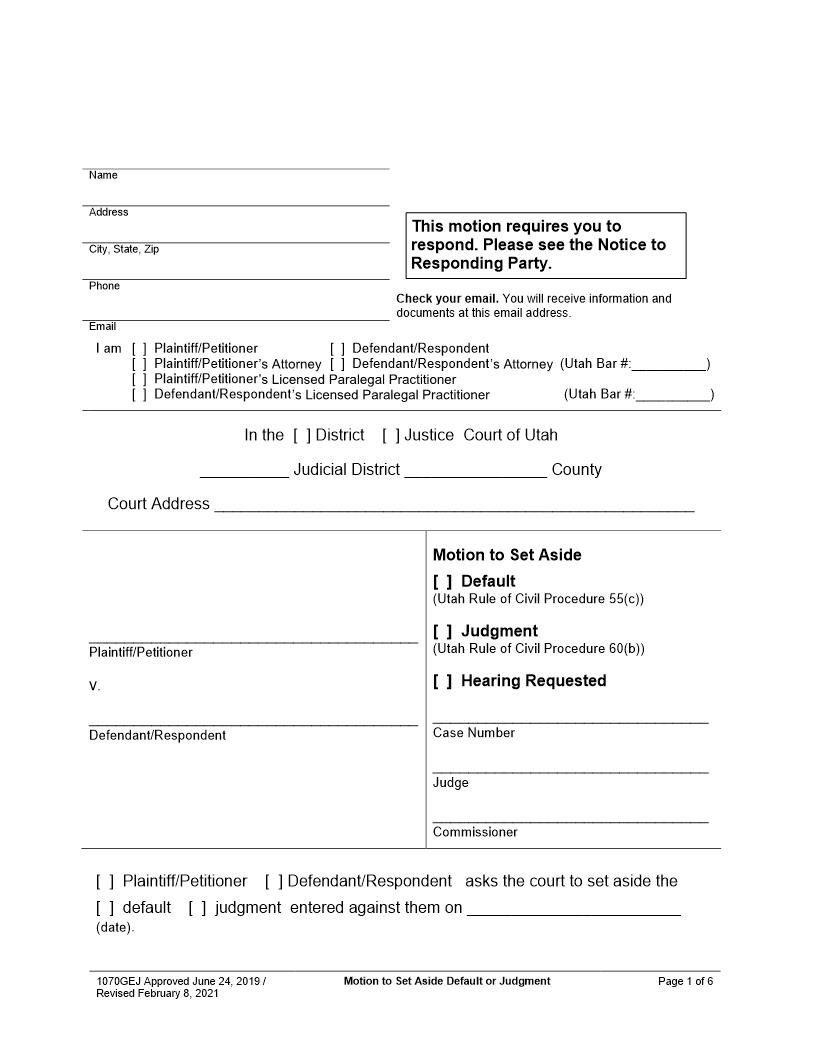 Motion To Set Aside Default Or Judgment {1070GEJ} | Pdf Fpdf Docx | Utah