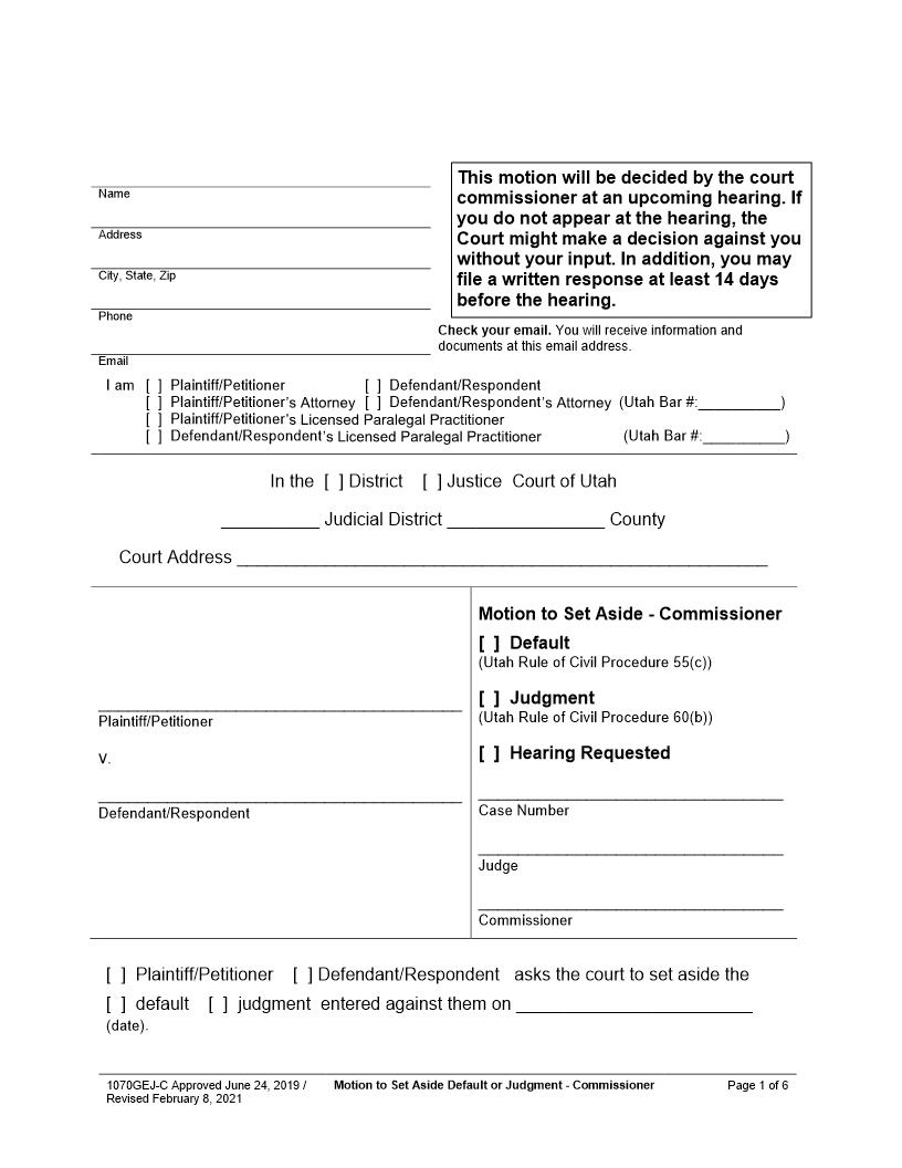 Motion To Set Aside Default Or Judgment - Commissioner {1070GEJ-C} | Pdf Fpdf Docx | Utah
