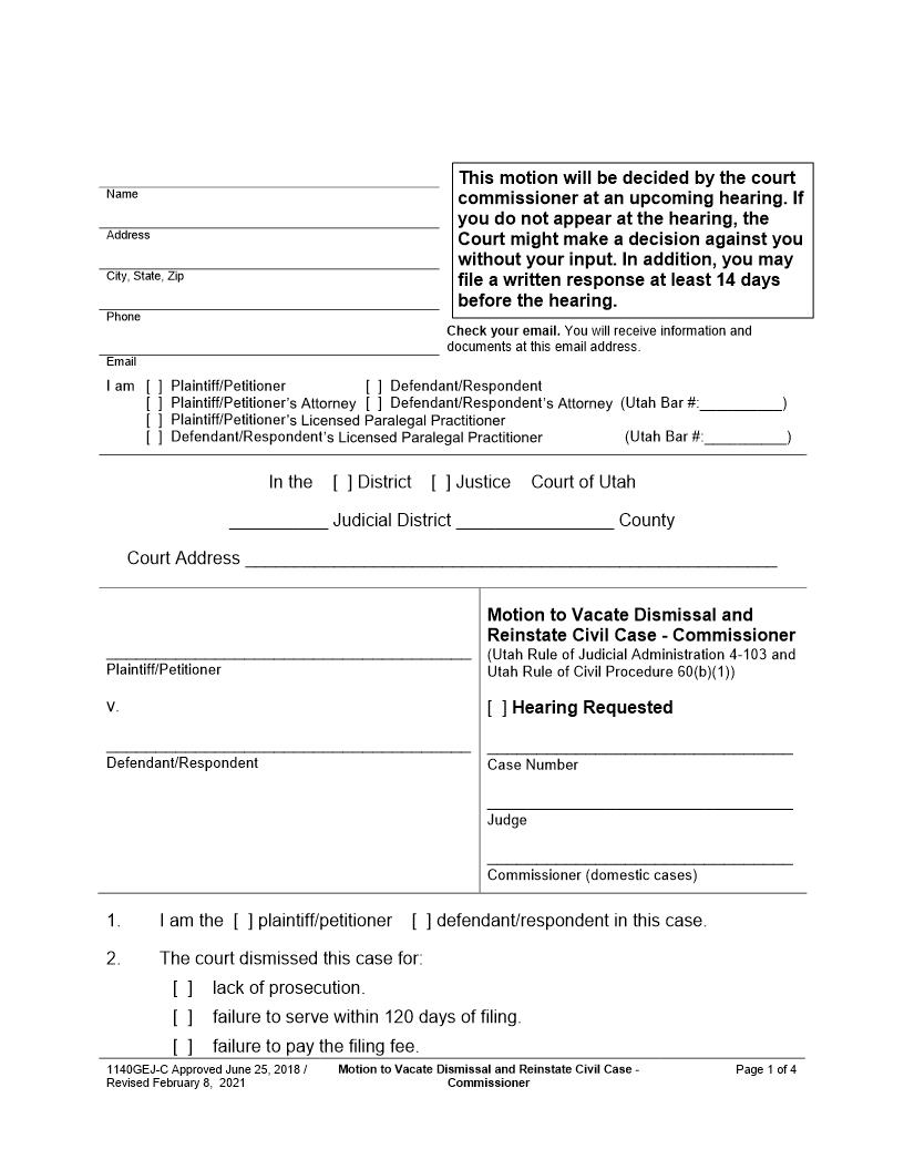 Motion To Vacate Dismissal Reinstate Civil Case - Commissioner (Hearing Requested) {1140GEJ-C} | Pdf Fpdf Docx | Utah